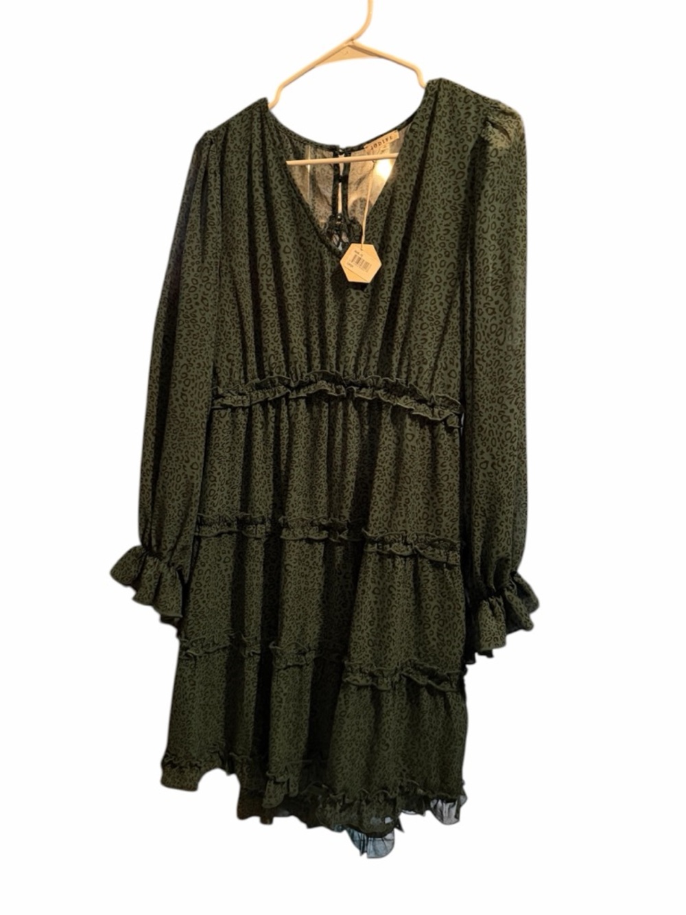 JODIFL Olive Green Long Sleeve Tiered Ruffle Dress